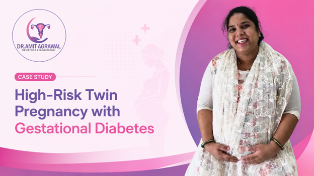 Case study banner: 'High-Risk Twin Pregnancy with Gestational Diabetes' with a logo in the top-left and a smiling woman in a white floral dress on a pink-purple background.