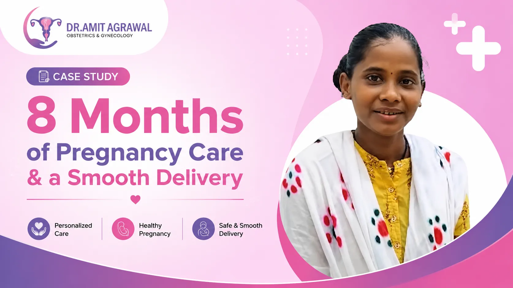 Case study banner: 'High-Risk Twin Pregnancy with Gestational Diabetes' with a logo in the top-left and a smiling woman in a white floral dress on a pink-purple background.